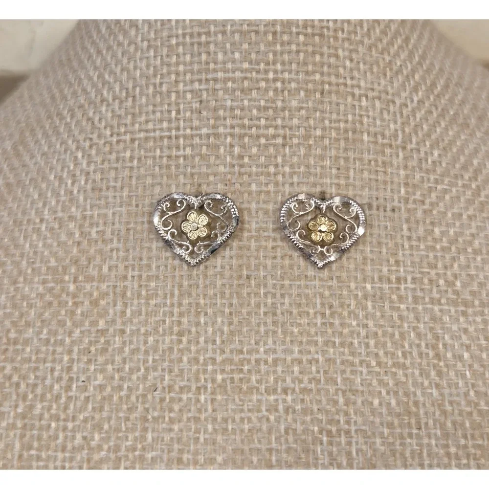 Vintage‎ Sterling Silver Filigree Heart Stud Earrings With 10k Gold Flowers